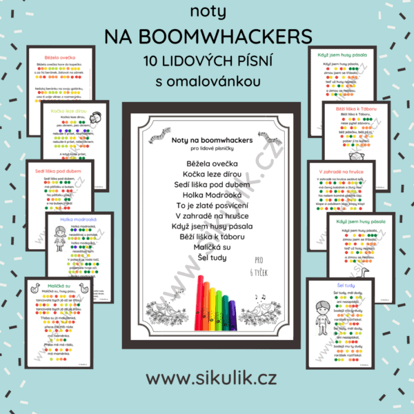 Noty na boomwhackers + 10 LIDOVÝCH PÍSNÍ S OMALOVÁNKAMI
