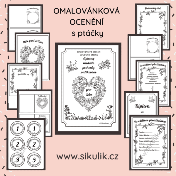 Omalovánková ocenění SOUBOR s ptáčky diplomy, medaile, pochvaly, poděkování, vysvědčení předškoláka