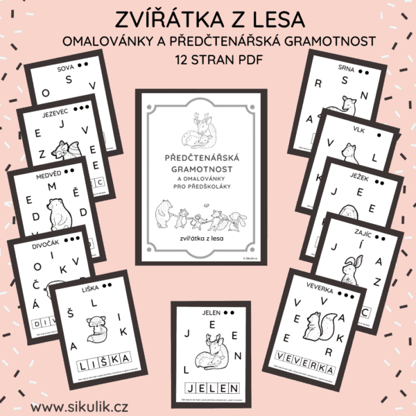 OMALOVÁNKY+ PŘEDČTENÁŘSKÁ GRAMOTNOST ZVÍŘÁTKA Z LESA