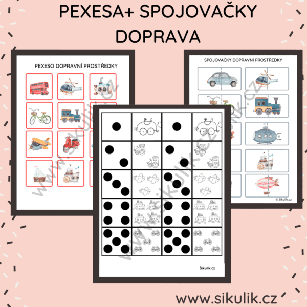 PUNTÍKATÉ PEXESO, domino, barevné pexeso+ spojovačky DOPRAVA