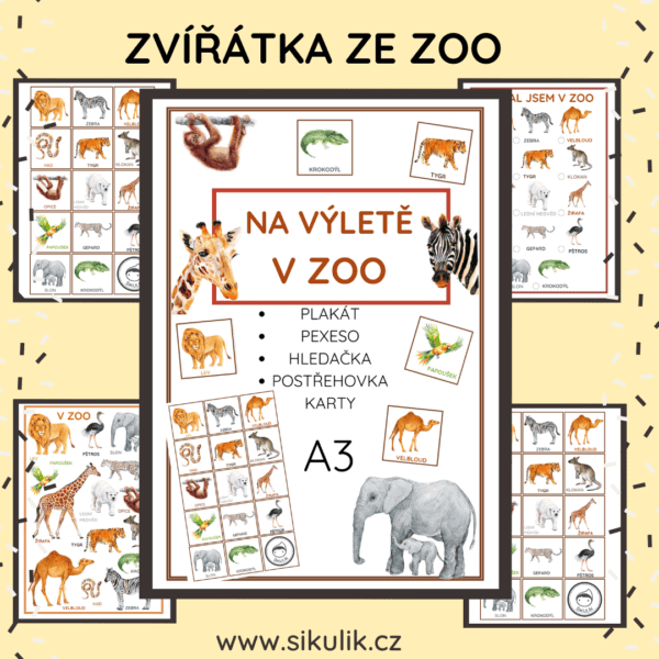 ZVÍŘÁTKA ZE ZOO plakát, pexeso, postřehovka, hledačka, karty A3